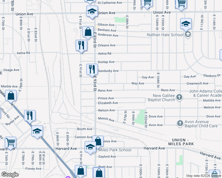 map of restaurants, bars, coffee shops, grocery stores, and more near 9511 Reno Avenue in Cleveland
