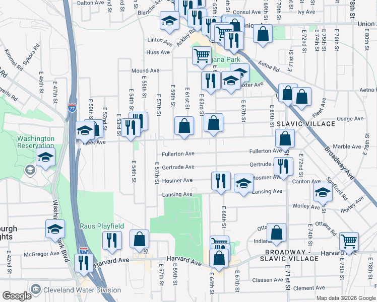 map of restaurants, bars, coffee shops, grocery stores, and more near 6003 Fullerton Avenue in Cleveland