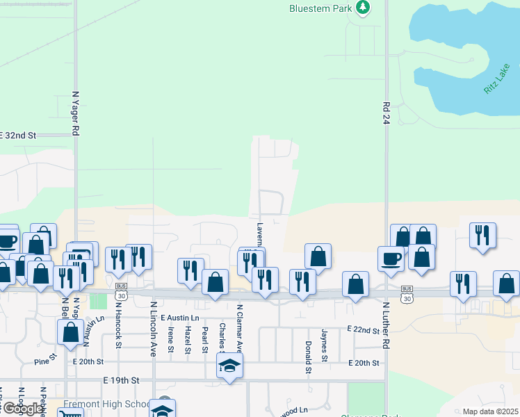map of restaurants, bars, coffee shops, grocery stores, and more near 2720 Laverna Street in Fremont