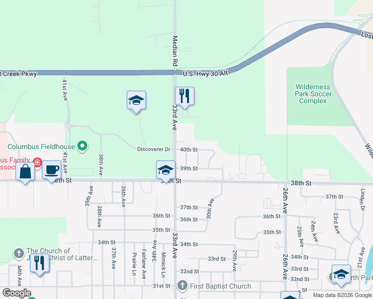 map of restaurants, bars, coffee shops, grocery stores, and more near 3198 40th Street in Columbus