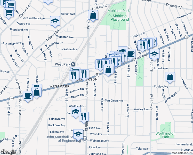 map of restaurants, bars, coffee shops, grocery stores, and more near 13857 Lorain Avenue in Cleveland