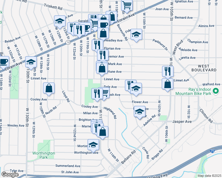 map of restaurants, bars, coffee shops, grocery stores, and more near 11521 Dale Avenue in Cleveland