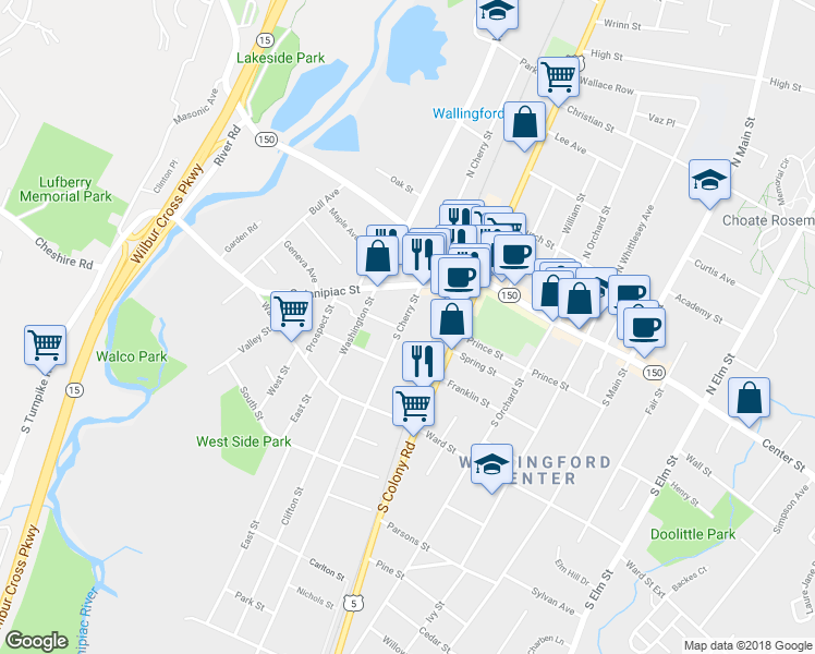 map of restaurants, bars, coffee shops, grocery stores, and more near 40 South Cherry Street in Wallingford