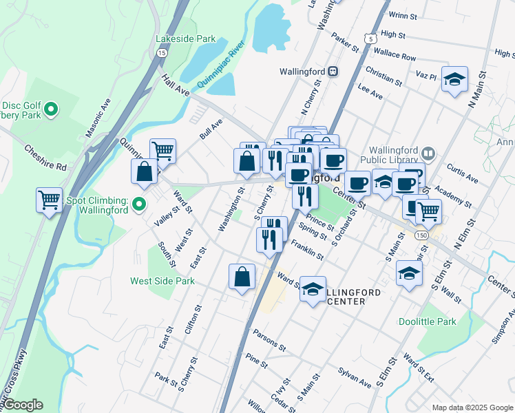 map of restaurants, bars, coffee shops, grocery stores, and more near 13 Judd Square in Wallingford