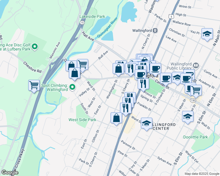 map of restaurants, bars, coffee shops, grocery stores, and more near 58 Washington Street in Wallingford