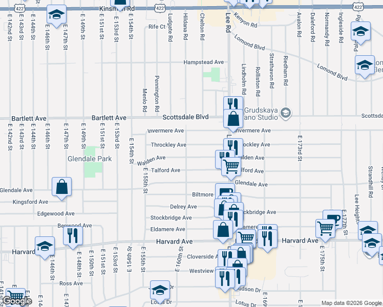 map of restaurants, bars, coffee shops, grocery stores, and more near 16100 Throckley Avenue in Cleveland