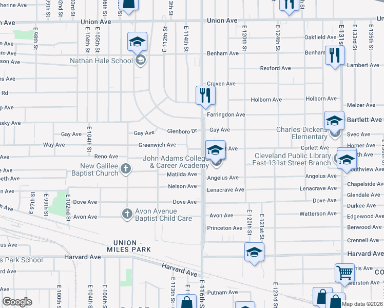 map of restaurants, bars, coffee shops, grocery stores, and more near 3788 Martin Luther King Junior Drive in Cleveland