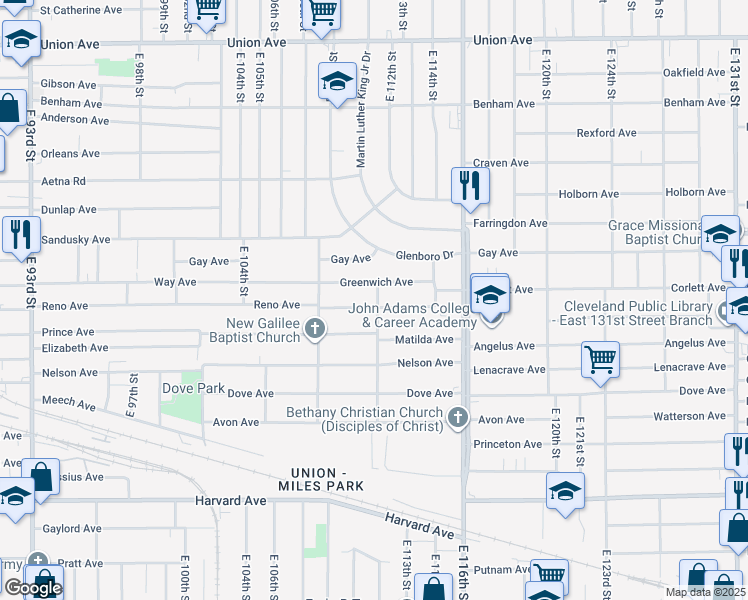 map of restaurants, bars, coffee shops, grocery stores, and more near 11214 Greenwich Avenue in Cleveland