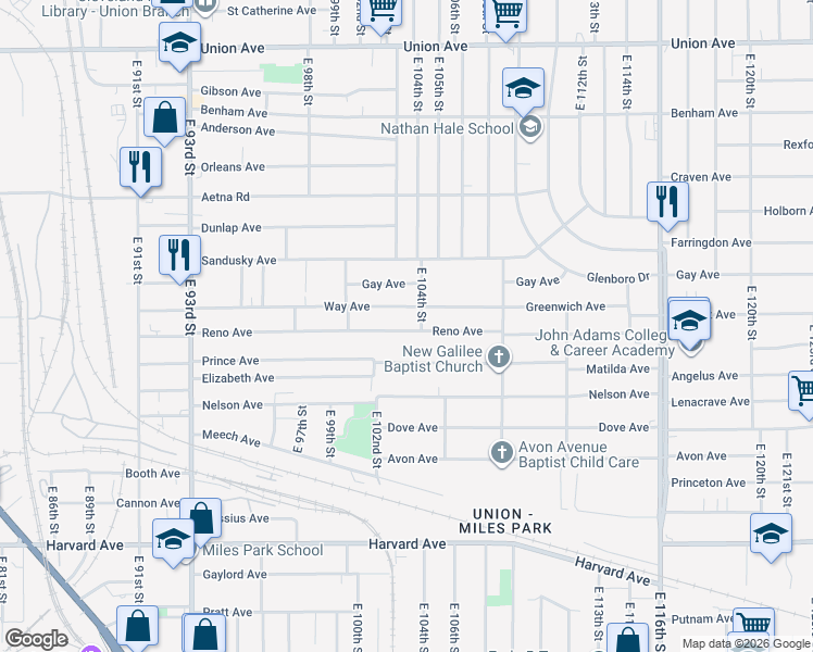map of restaurants, bars, coffee shops, grocery stores, and more near 10301 Reno Avenue in Cleveland
