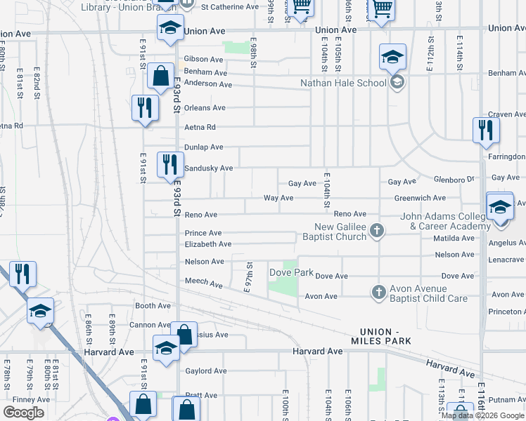 map of restaurants, bars, coffee shops, grocery stores, and more near 9902 Reno Avenue in Cleveland