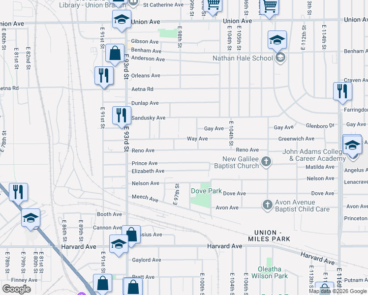 map of restaurants, bars, coffee shops, grocery stores, and more near 9902 Reno Avenue in Cleveland