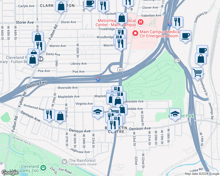 map of restaurants, bars, coffee shops, grocery stores, and more near 2704 Riverside Avenue in Cleveland