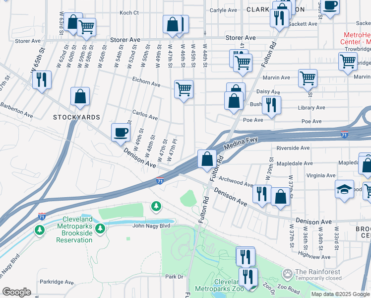 map of restaurants, bars, coffee shops, grocery stores, and more near 3632 West 46th Street in Cleveland