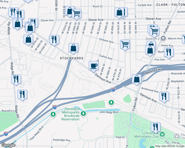 map of restaurants, bars, coffee shops, grocery stores, and more near 5105 Denison Avenue in Cleveland