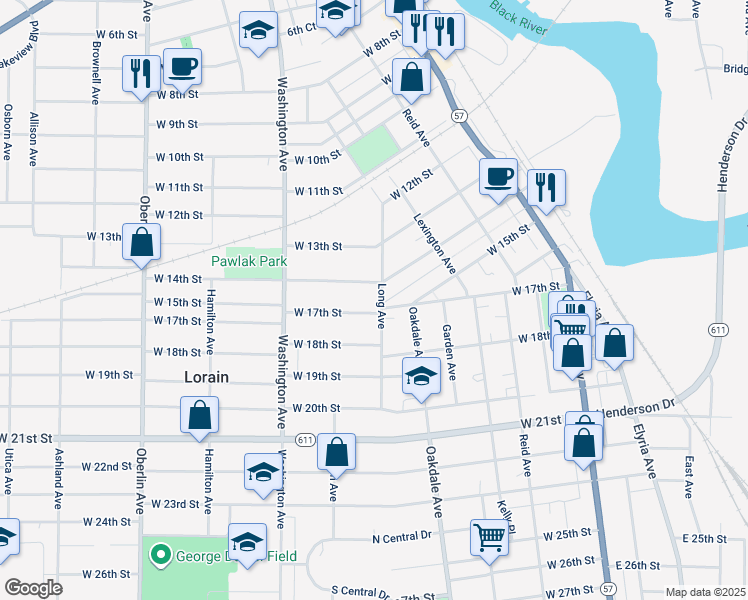 map of restaurants, bars, coffee shops, grocery stores, and more near 1421 Long Avenue in Lorain