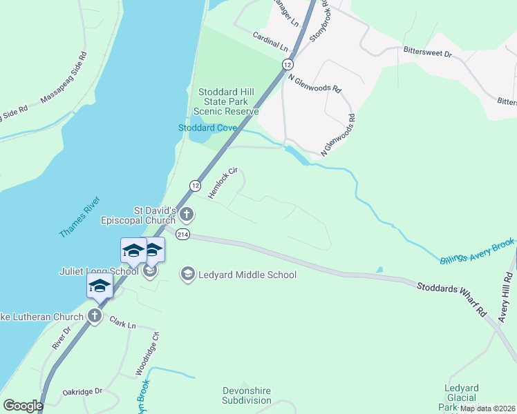 map of restaurants, bars, coffee shops, grocery stores, and more near 6 Overlook Road in Ledyard