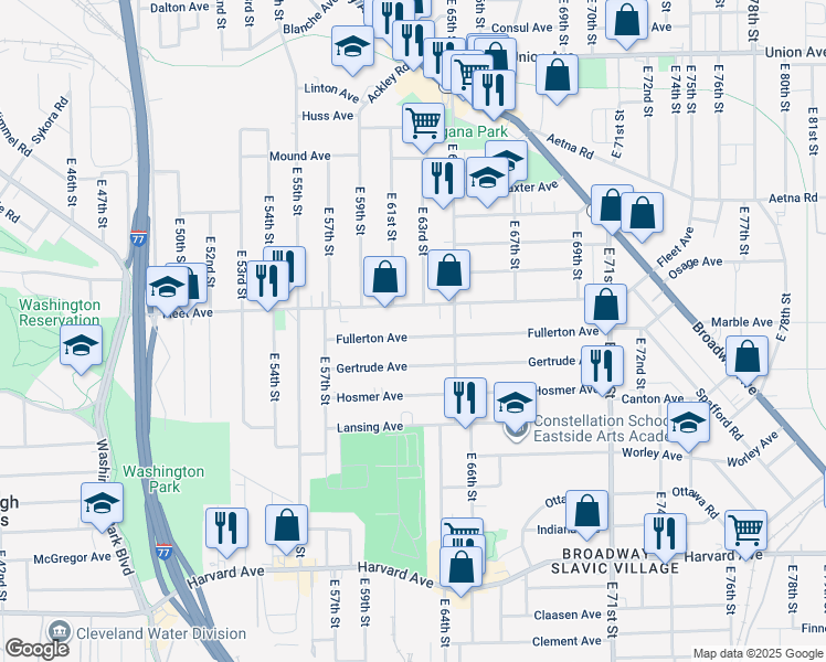 map of restaurants, bars, coffee shops, grocery stores, and more near 6211 Fullerton Avenue in Cleveland