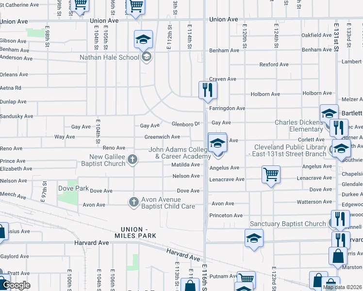 map of restaurants, bars, coffee shops, grocery stores, and more near 3792 East 114th Street in Cleveland