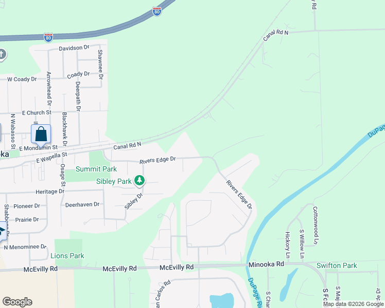 map of restaurants, bars, coffee shops, grocery stores, and more near 507 Rivers Edge Drive in Minooka