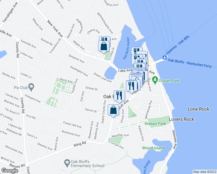 map of restaurants, bars, coffee shops, grocery stores, and more near 3 Dukes County Avenue in Oak Bluffs