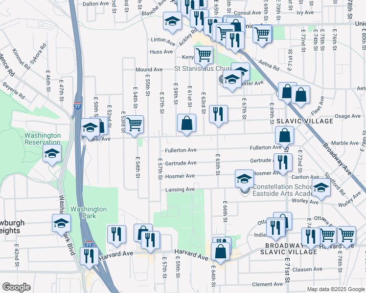 map of restaurants, bars, coffee shops, grocery stores, and more near 6003 Fullerton Avenue in Cleveland