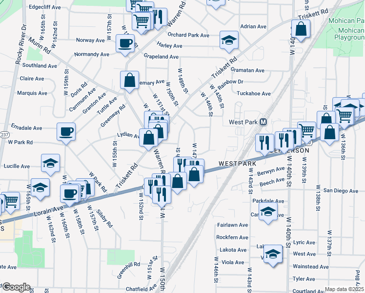 map of restaurants, bars, coffee shops, grocery stores, and more near 3639 West 148th Street in Cleveland