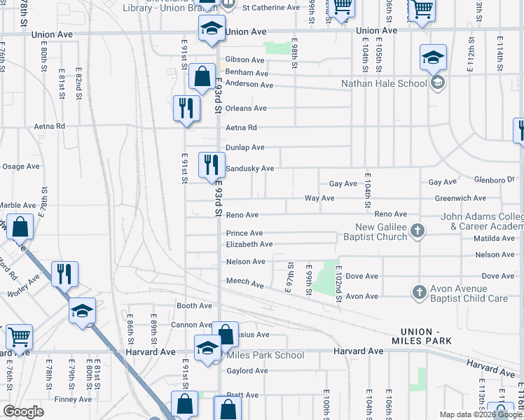 map of restaurants, bars, coffee shops, grocery stores, and more near 9617 Reno Avenue in Cleveland