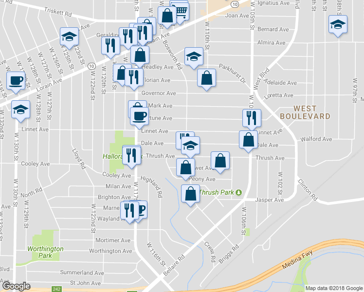 map of restaurants, bars, coffee shops, grocery stores, and more near 3568 Bosworth Road in Cleveland