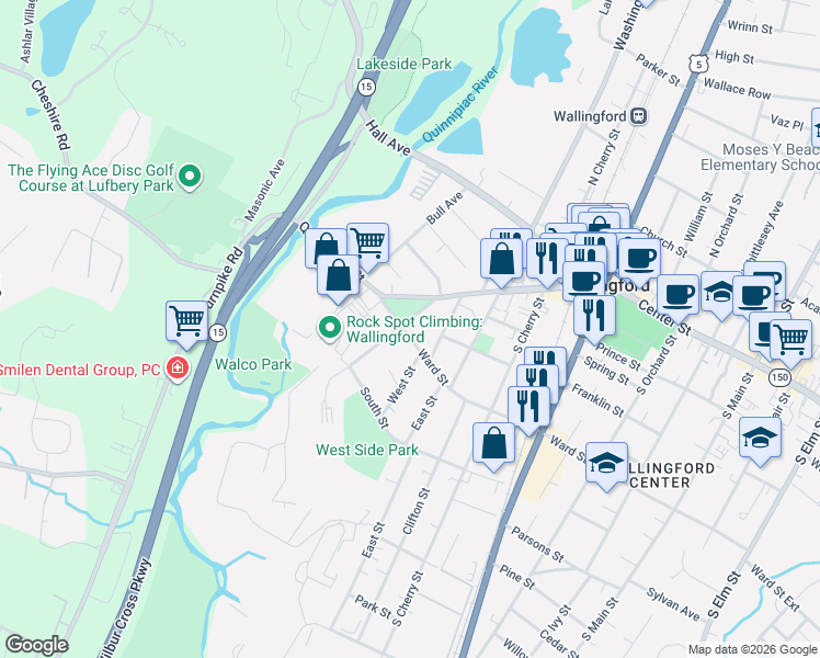map of restaurants, bars, coffee shops, grocery stores, and more near 27 Ward Street in Wallingford