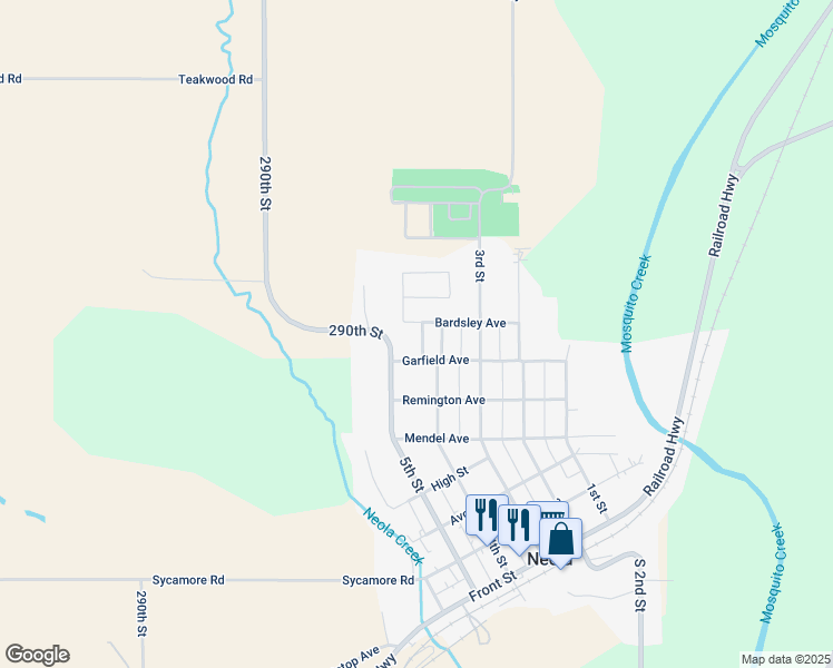 map of restaurants, bars, coffee shops, grocery stores, and more near 401 Bardsley Avenue in Neola