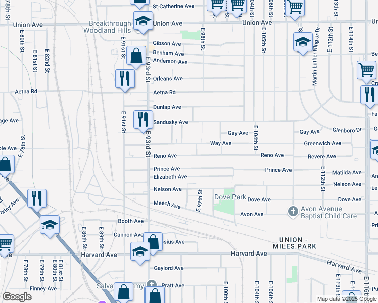 map of restaurants, bars, coffee shops, grocery stores, and more near 9617 Reno Avenue in Cleveland