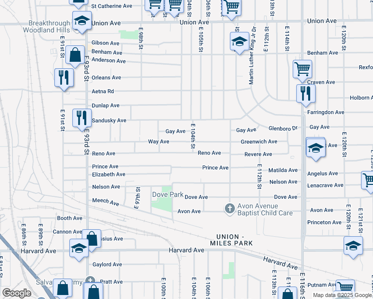 map of restaurants, bars, coffee shops, grocery stores, and more near 10301 Reno Avenue in Cleveland