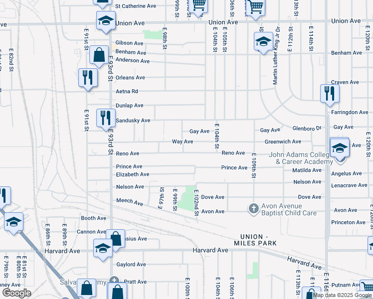 map of restaurants, bars, coffee shops, grocery stores, and more near 10007 Reno Avenue in Cleveland