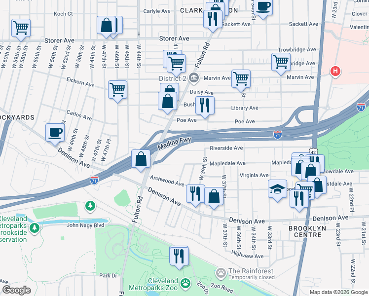map of restaurants, bars, coffee shops, grocery stores, and more near 4016 Riverside Avenue in Cleveland