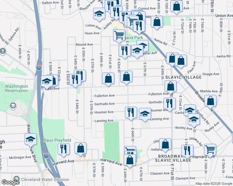 map of restaurants, bars, coffee shops, grocery stores, and more near 6211 Fullerton Avenue in Cleveland