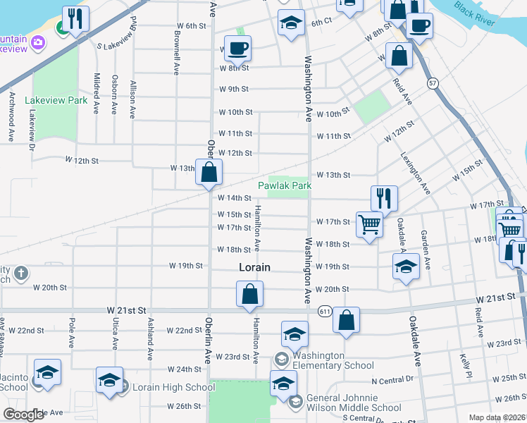 map of restaurants, bars, coffee shops, grocery stores, and more near 1503 Hamilton Avenue in Lorain