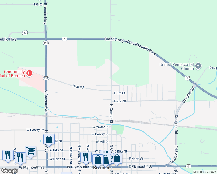 map of restaurants, bars, coffee shops, grocery stores, and more near 108 West 4th Street in Bremen