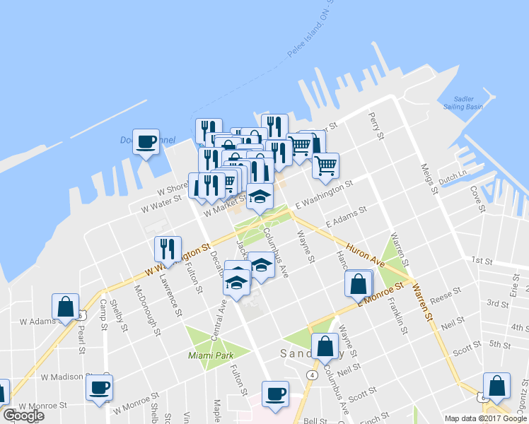 map of restaurants, bars, coffee shops, grocery stores, and more near 115 E Washington Row in Sandusky