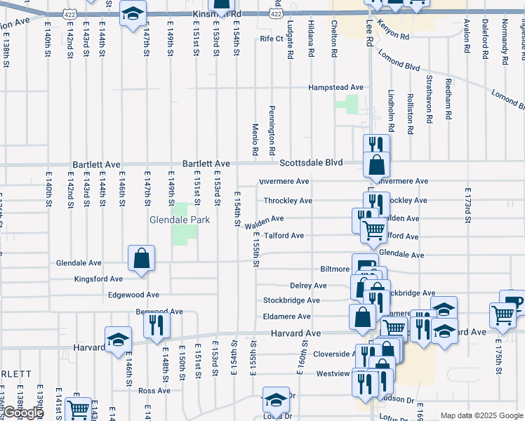 map of restaurants, bars, coffee shops, grocery stores, and more near 3821 East 155th Street in Cleveland