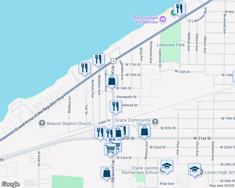 map of restaurants, bars, coffee shops, grocery stores, and more near 2320 Stonepath Street in Lorain