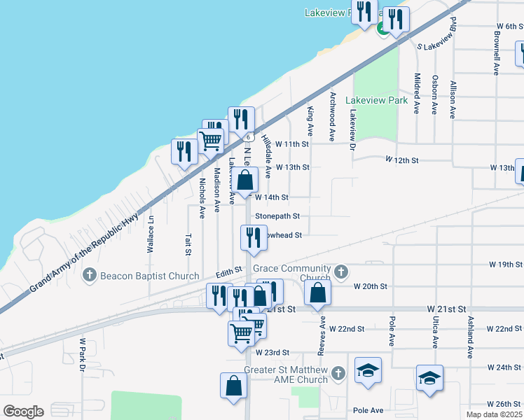 map of restaurants, bars, coffee shops, grocery stores, and more near 2320 Stonepath Street in Lorain