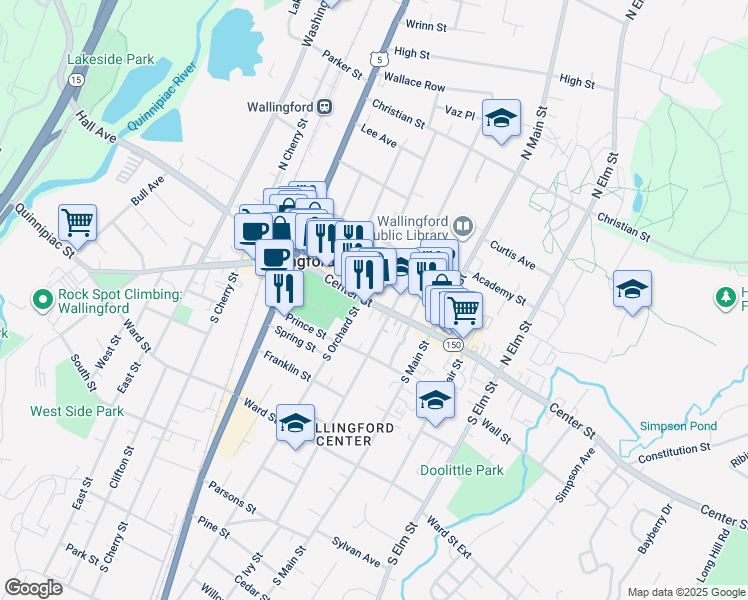 map of restaurants, bars, coffee shops, grocery stores, and more near 184 Center Street in Wallingford