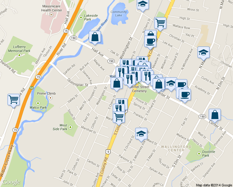 map of restaurants, bars, coffee shops, grocery stores, and more near 40 South Cherry Street in Wallingford
