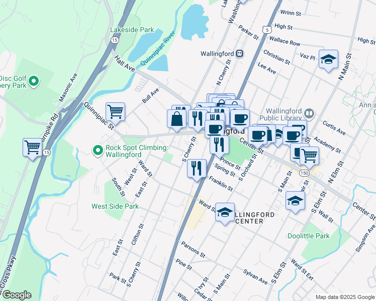 map of restaurants, bars, coffee shops, grocery stores, and more near 40 South Cherry Street in Wallingford