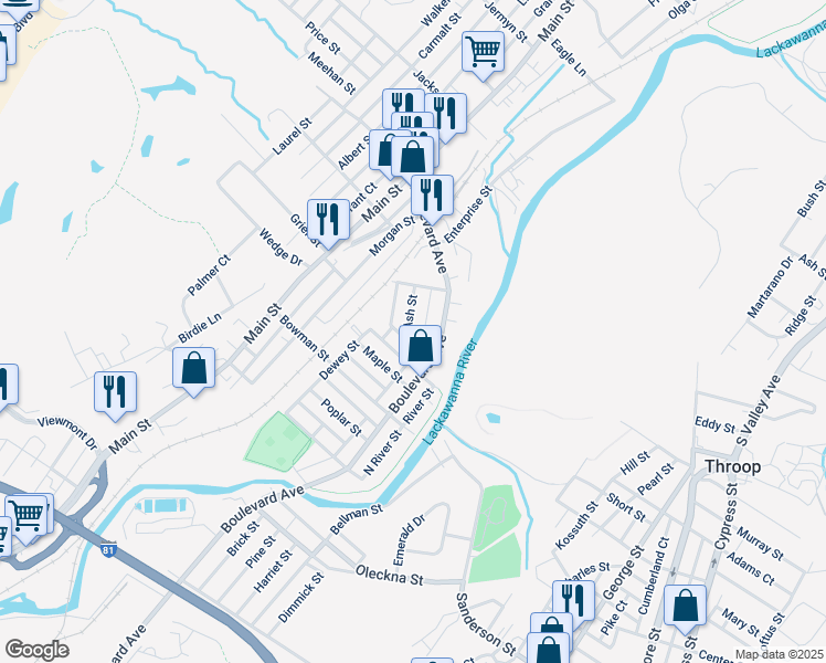 map of restaurants, bars, coffee shops, grocery stores, and more near Ash Street in Dickson City