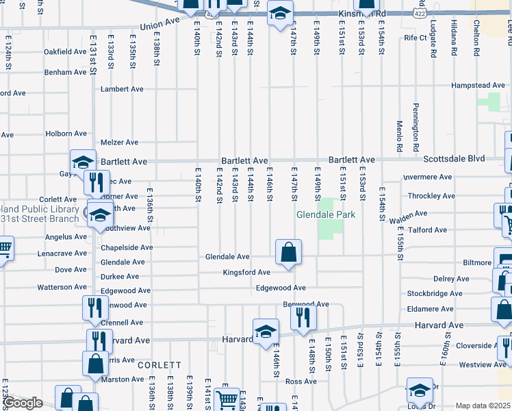 map of restaurants, bars, coffee shops, grocery stores, and more near 3818 East 146th Street in Cleveland