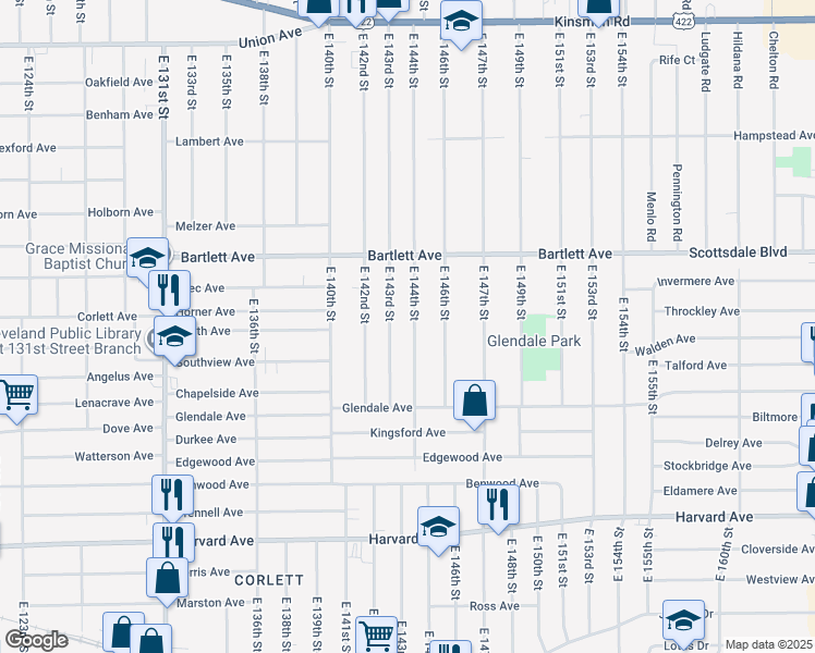 map of restaurants, bars, coffee shops, grocery stores, and more near 3817 East 143rd Street in Cleveland