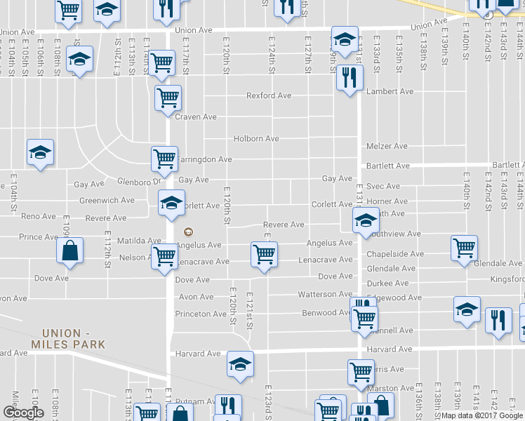 map of restaurants, bars, coffee shops, grocery stores, and more near 12212 Corlett Avenue in Cleveland