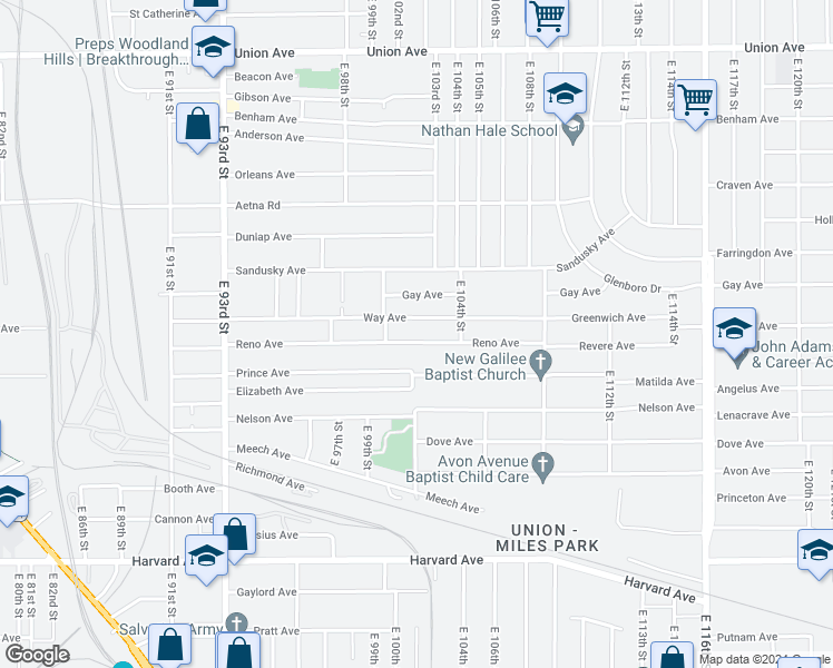 map of restaurants, bars, coffee shops, grocery stores, and more near 10301 Reno Avenue in Cleveland