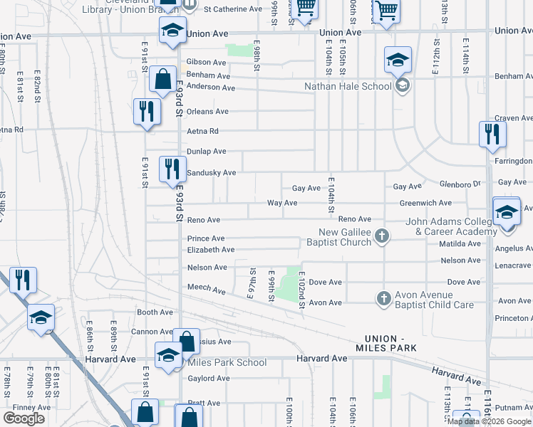 map of restaurants, bars, coffee shops, grocery stores, and more near 9902 Reno Avenue in Cleveland